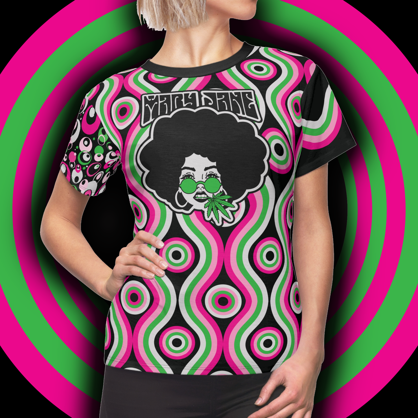SUGAR HIGH Women's Mary Jane Allover Short Sleeve Tee